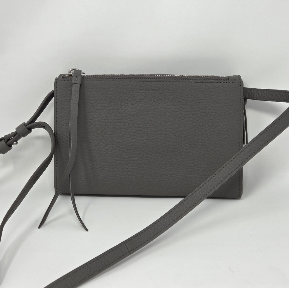 AllSaints Fetch Chain Gray Leather Crossbody Wallet